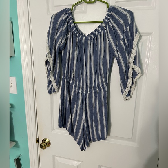 Blue and White Striped Romper - Picture 2 of 3
